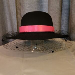 Black Ladies Fedora with Pink Ribbon And Veil